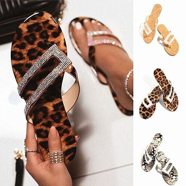 

summer new women sandals leopard rhinestone flat flip flops outdoor female comfy casual slides slippers roman shoes big size 43, Black