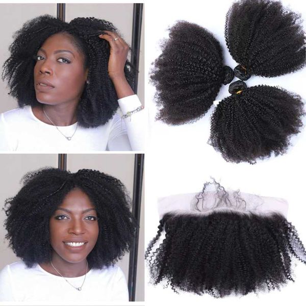 

human hair bulks afro kinky curly bundles with frontal preplucked 4b 4c closure brazilian weave, Black