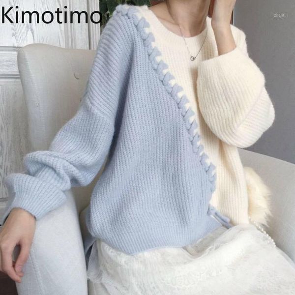 

kimotimo sweater women pullover o-neck tie knitted contrast oversize elegant pull femme korean jumpers casual women's sweaters, White;black
