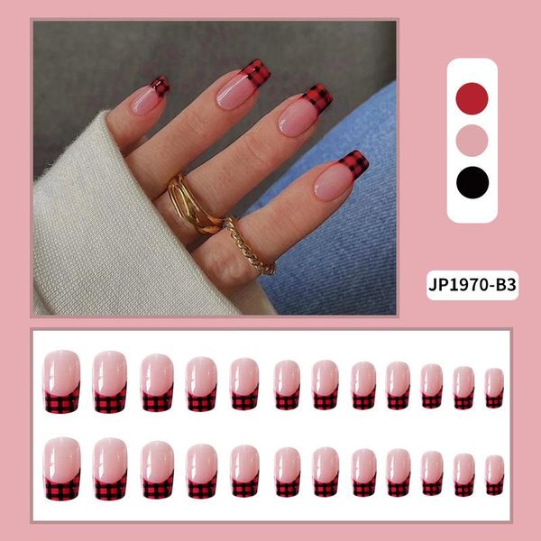 

false nails 24pcs red & black plaid nail patch glue type removable long paragraph fashion manicure save time teea889, Red;gold