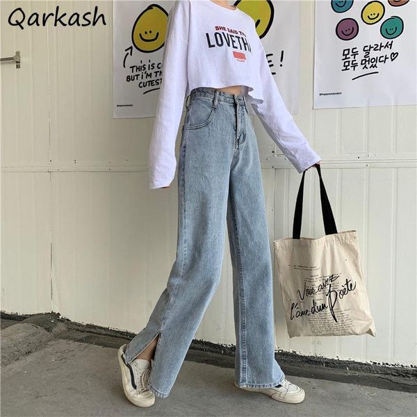 

full length jeans women korean style vintage leisure slim ins chic side-slit denim straight trouser basic all-match streetwear, Blue