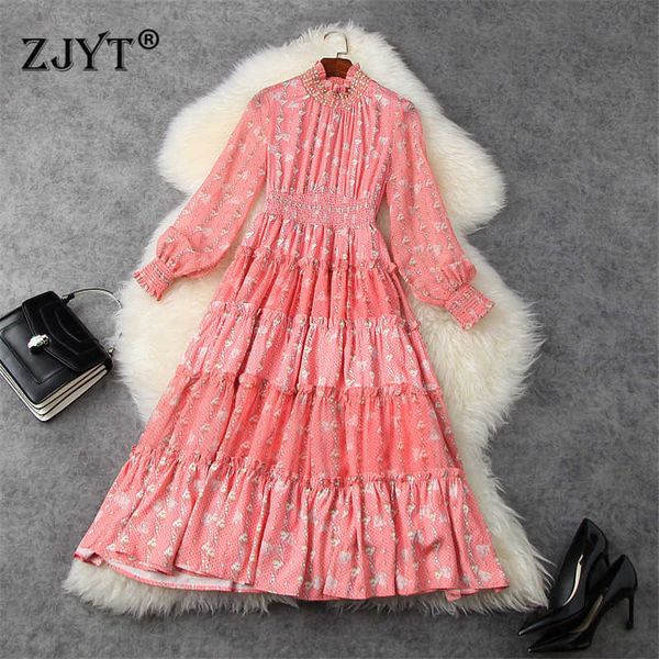 

elegant lantern sleeve ruffled collar beading floral print chiffon dress spring woman clothes party robe femme bohemian vestidos 210601, Black;gray