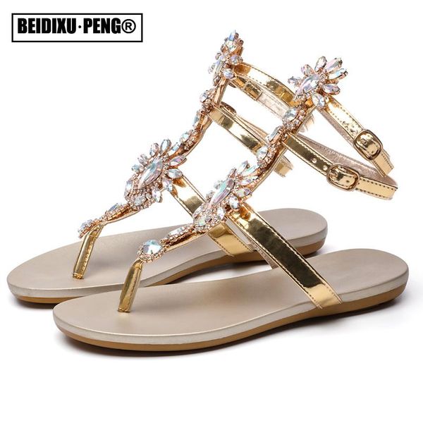 

boho t-strap flat heel slippers shoes rhinestone diamonds clip-toe sandals comfortable thong gladiator flip flops 2021 new, Black