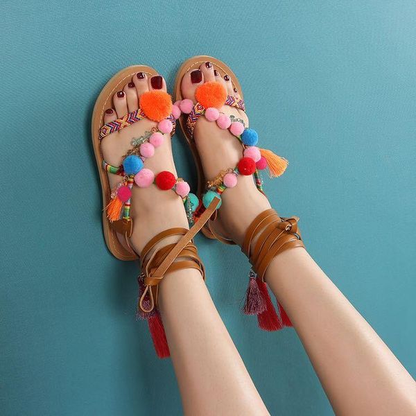 

sandals lace color flat bottom casual cool 2021 national style foot, Black