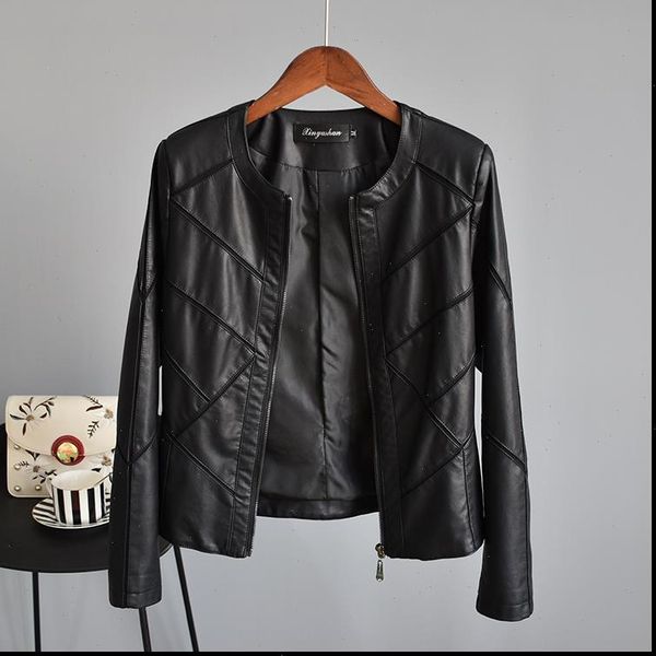 

ewq] o neck plaid long sleeve leather jacket female trend clothing pu mesh stitching leather coats 2021 spring new qk158, Black;brown