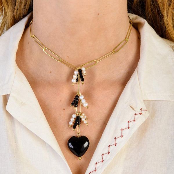 

chokers drop dangle fashion adjustable gold plated chain necklace freshwater pearls black onyx beads heart arosa women ladies, Golden;silver
