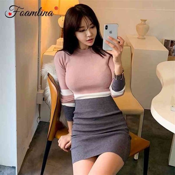 

women sweater dress spring autumn fashion o neck long sleeve multicolor patchwork slim stretch knit bodycon 210603, Black;gray