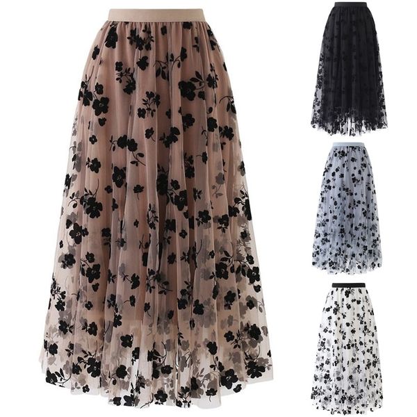 

fashion women spring summer floral printed stretch vintage elastic high waist mesh party pleated long skirt saia midi faldas#35 210311, Black