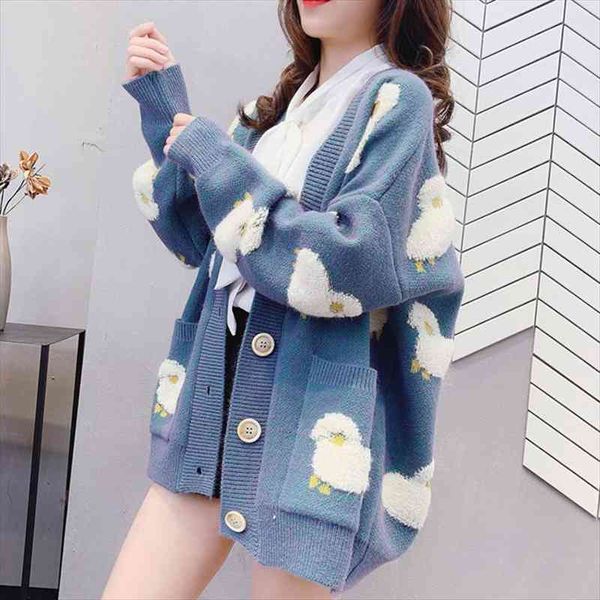 

autumn knit female cardigan loose streetwear knit sweater coat cute cartoon print v neck knitted cardigan women jacket, White;black