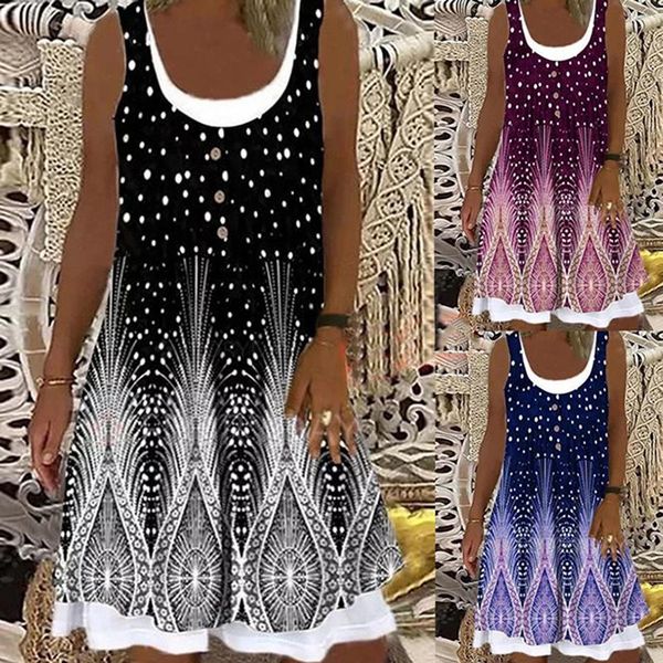 

casual dresses summer women tank dress 2021 sleeveless floral print splice round neck mini elegent loose, Black;gray