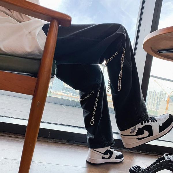 

men's jeans hip hop autumn spring harajuku with chain men straight pants wide leg loose wash denim trousers, Blue