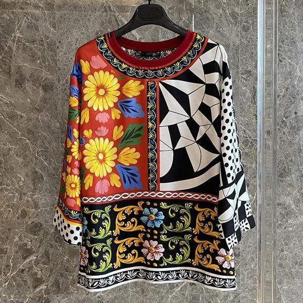 

women's blouses & shirts 2021 summer fashion runway sicilian patchwork printed loose shirt all-match vacation blusas mujer, White