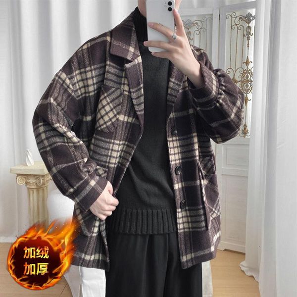

winter plush thick plaid woolen coat men's fashion casual oversize woolen coat men korean mid-length mens overcoat, Black