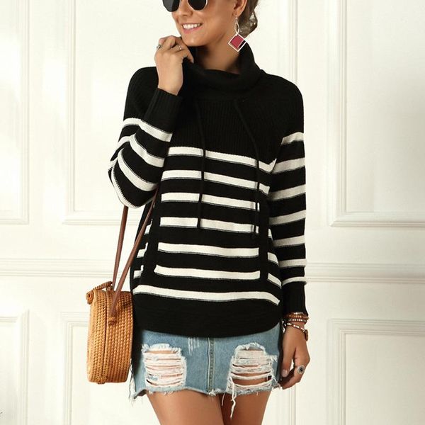 

women's sweaters tertleneck striped print women knit sweater pullover autumn winter warm knitwear, White;black