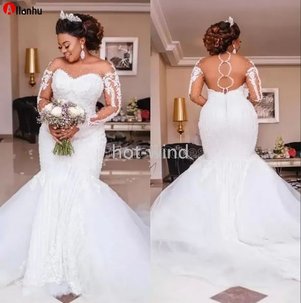 Luxo Beading Sereia Vestidos De Noiva de Manga Longa Appliques Pérolas Casamento Africano Vestidos Bridais Plus Size Noiva Vestido de Noiva EE
