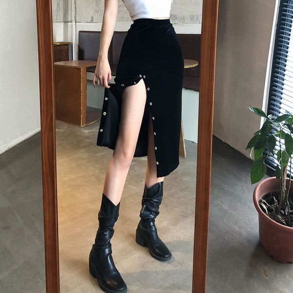

harajuku punk black velvet midi skirts womens casual split side high waisted short skirt ladies summer gothic skinny