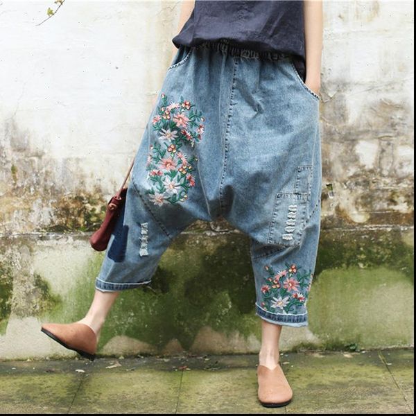 

vintage denim harem embroidery womens pants floral elastic waist trouser pockets patchwork loose blue, Black;white