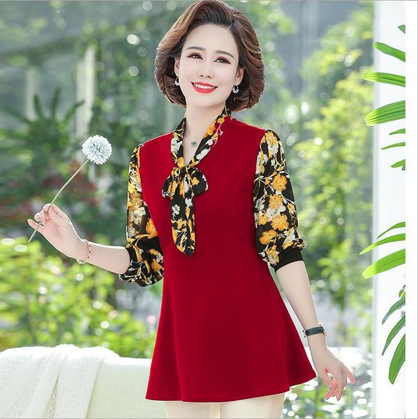 

women's blouses & shirts middle age mother clothing 2021 spring bow neckline chiffon long sleeve shirt plus size 5xl women pullover, White