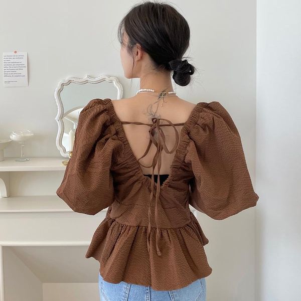

women's blouses & shirts simple square collar lace up backless women blouse elegant slim waist pullover summer 2021 korean chic blusas, White
