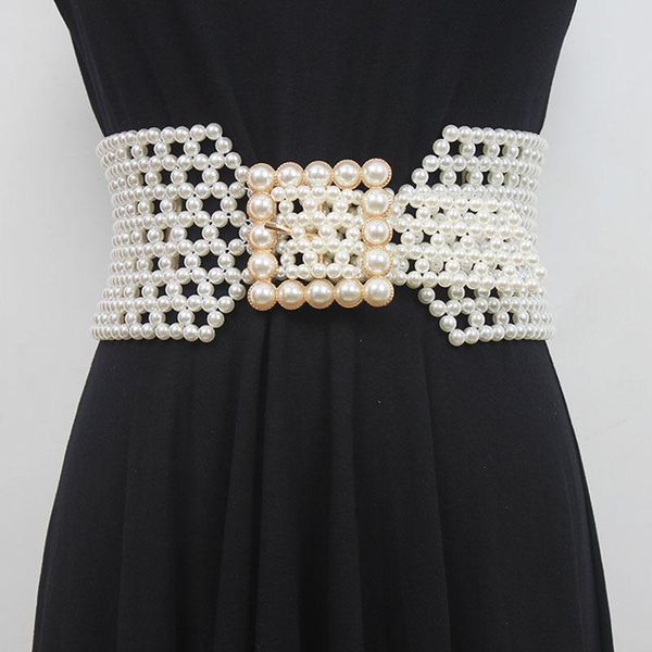 

belts seebeautiful man-made pearl woven hollow waist seal wide belt square pin buckle girdle women fashion 2021 summere957, Black;brown
