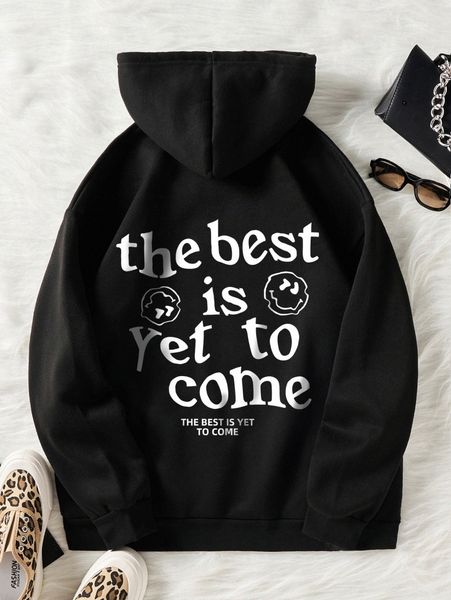 

slogan & expression print kangaroo pocket drawstring thermal hoodie j6j7#, White;black