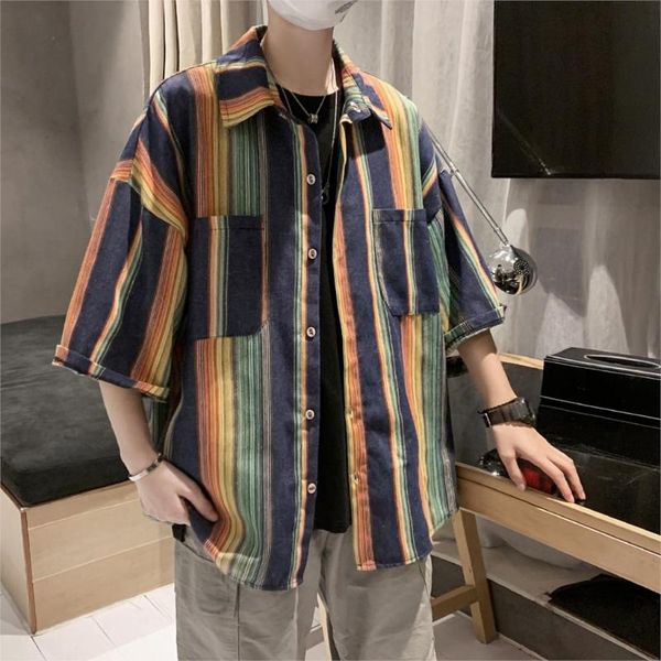 

summer new youth fashion striped contrast color half sleeve shirt casual loose buttons shirt loose clothes men oversi, White;black