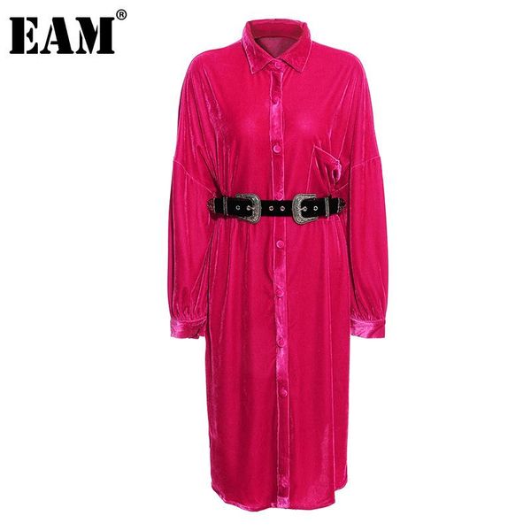 

casual dresses [eam] women vintage velour red leisure long dress lapel sleeve loose fit fashion tide spring autumn 2021 1dd2366, Black;gray