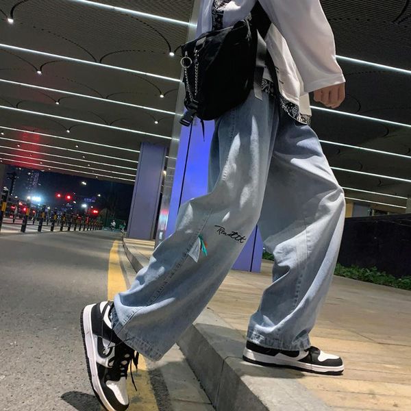 

men's jeans autumn winter baggy gradient denim pants men women korean loose straight elastic waist washed jean blue/black