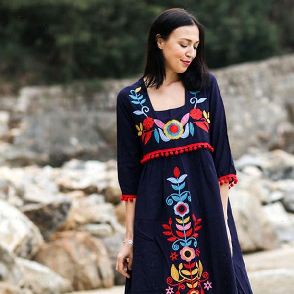 

vintage chic women bohemian holiday floral embroidery loose midi dress linen cotton short sleeve boho hippie dress vestidos, Black;gray