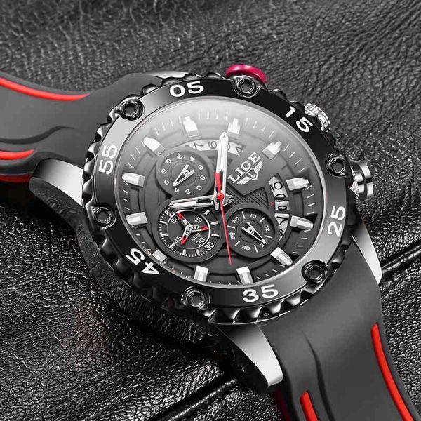 2020 Uhren Herren Lige Top Marke Wasserdichte Uhr Männlich Silikonband Sport Quarzuhr für Männer Großes Zifferblatt Chronograph Armbanduhr Q0524