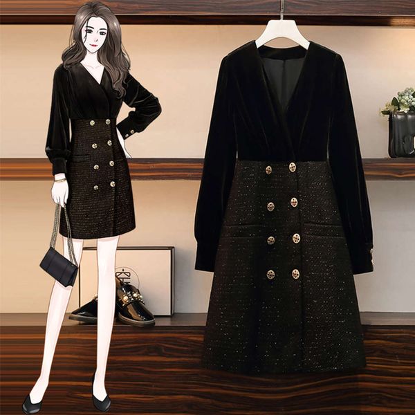 

big size women's spring and autumn 2021 fat sister french slim age reducing foreign style small fragrance a-line dress, Black;gray