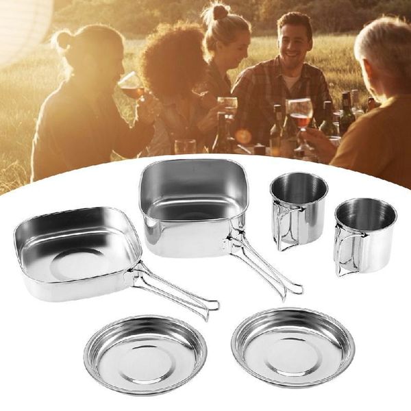 

camp kitchen outdoor 6 pieces set stainless steel cookware combination pot anti-corrosion and lightweight ourdoor camping hiking 2021