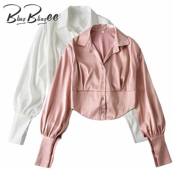 

women's blouses & shirts blingblingee corset detail curved hem drop shoulder lantern sleeve women slim cropped shirt 2021 summer satin, White
