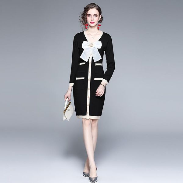 

casual dresses runway fashion women knitted bodycon dress beading bowknot v neck long sleeve elastic waist autumn sweater slim s46690, Black;gray
