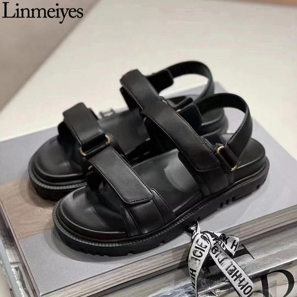 

sandals summer flat women's real leather round toe hook & loop gladiator lady, Black