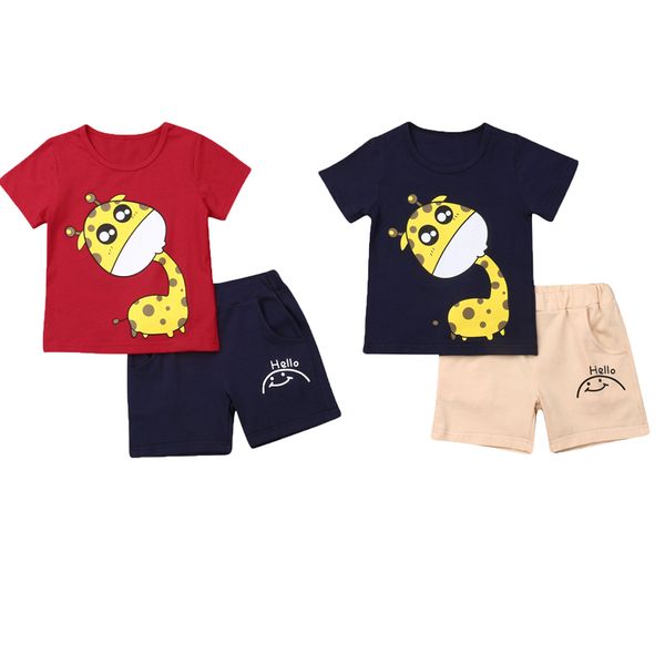 

1-6y summer casual infant baby boy kids clothes sets short sleeve giraffe print t-shirt + shorts outfit clothes sets, White