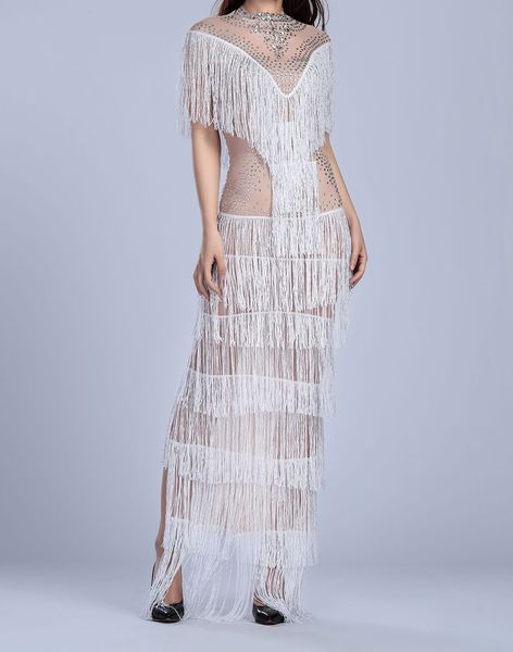 

high-quality female mantual beading hollow dress long party attire 9j3l, White