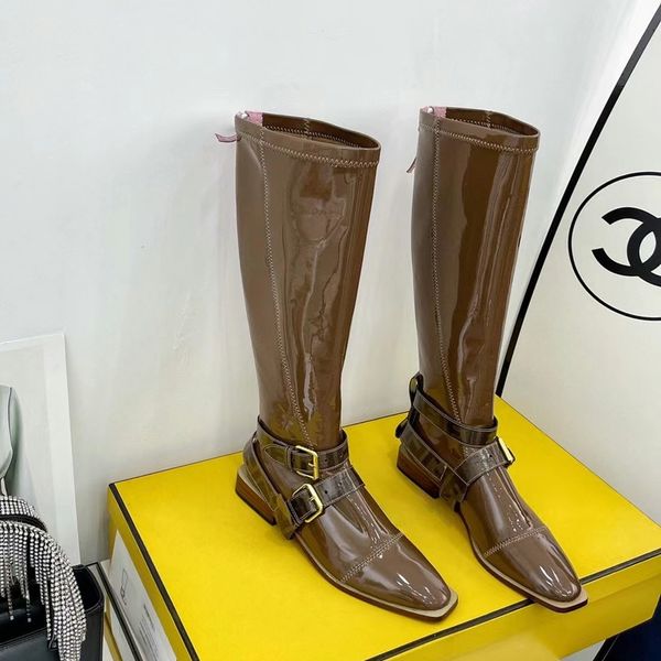 

brown stretchy neoprene flats knee tall boot patent leather back zip buckle shoes rounded toe knee-high riding boots luxury designers shoe f, Black