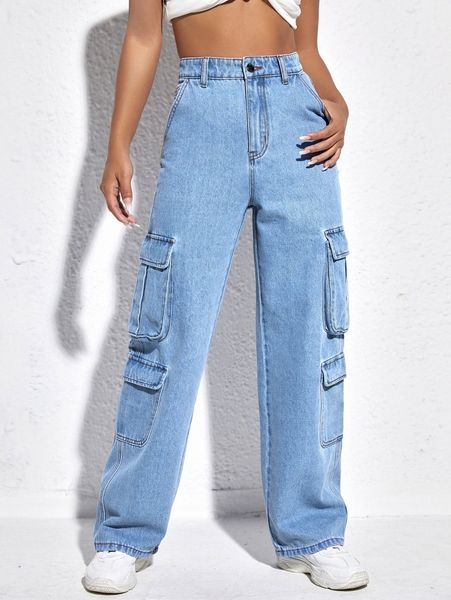 

high waisted flap pocket cargo jeans r6os#, Blue