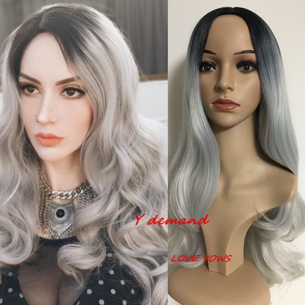

26inch female fashion long ombre silver grey wavy wigs synthetic wig african american heat resistant synthetic hair wigs afro perucafactory, Black