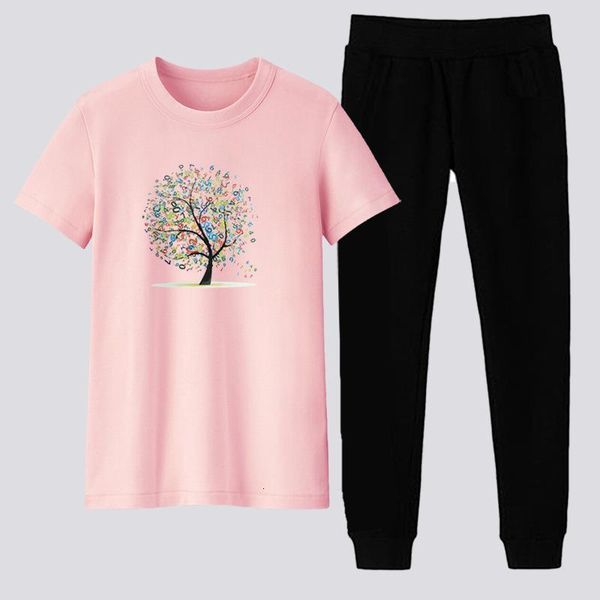 

casual tree print tracksuit women two piece set outfits short sleeve tee t-shirt pants jogging suit fashion summer clothing sets, Gray