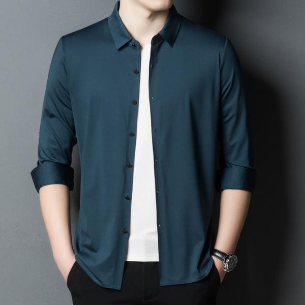 

spring fashion men's leisure silk solid color middle-aged and young busins shirt, Black