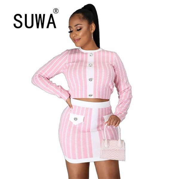 Mulheres celebridades moda dois pedaços conjuntos manga longa pulôver suor retro tops mini bodycon saias sexy vestido elegante escritório desgaste 210525