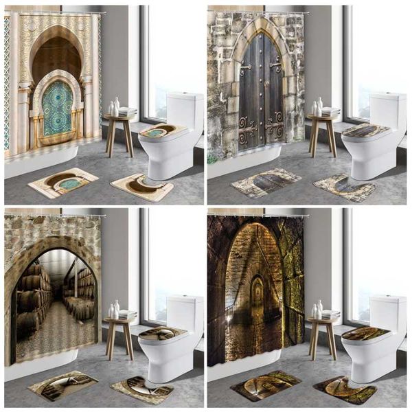 

shower curtains moroccan curtain wooden barrel arched door oriental style wall decor bathroom set non-slip rug toilet lid cover bath mat