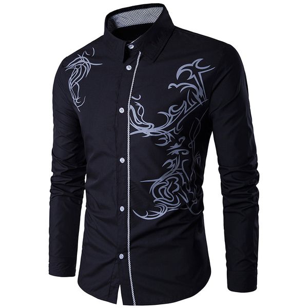 

spring new men's shirt men's long-sleeved tattoo printing long-sleeved slim shirt c005, White;black