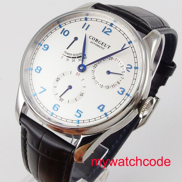 

42mm corgeut white dial leather strap multifunction power reserve indicator automatic movement men's watch relogio masculino, Slivery;brown