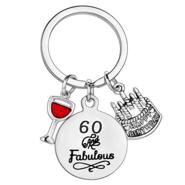 Chaveiro de aço inoxidável Número criativo 60 Bolo de vidro de vidro de vidro de vidro Pingente Pingnder Birthday Party Gift Key Ring