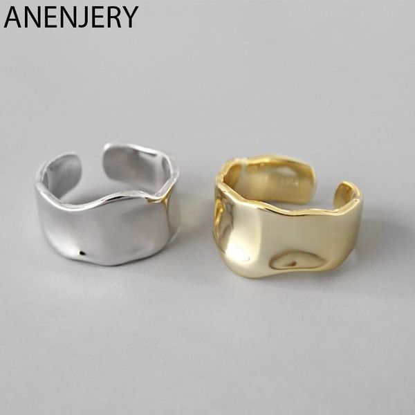 

cluster rings anenjery personality irregular smooth wide opening ring 925 sterling silver geometric concave convex wave for women s-r578, Golden;silver