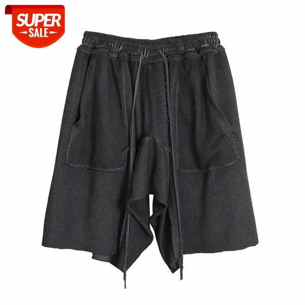 

washed old terry stitching shorts men's hip-hop retro loose sports five-point guard pants #w94f, Black