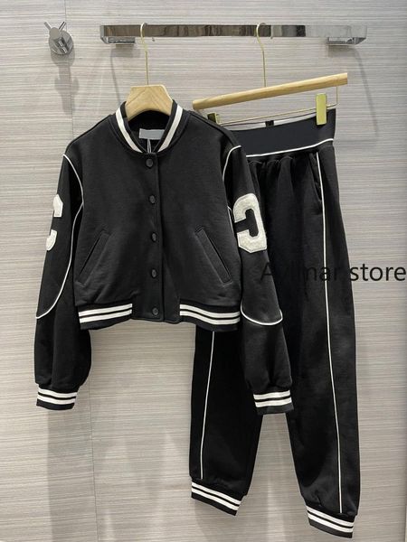 

women's two piece pants luxury design 2021 autumn winter flocking letter long sleeve jacket + high waist trousers fashion suit, White